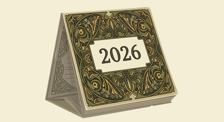 An ornate desk calendar displaying the year 2026 with intricate gold and green scrollwork design on a light background.