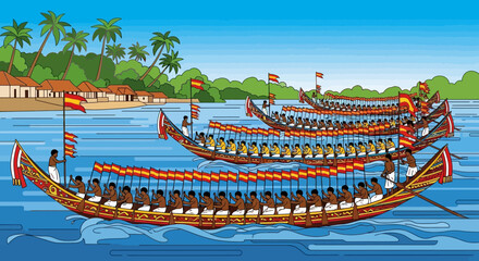 Traditional snake boat race with many rowers on a tropical river, featuring decorated longboats and a lush shoreline with palm trees and huts.