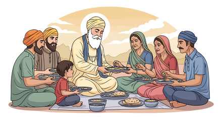 A diverse group of people, including an elder with a turban, sharing a traditional meal together on the ground, symbolizing community and togetherness.