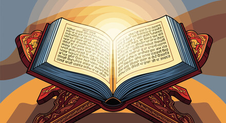 An open holy book with glowing pages resting on a traditional wooden stand, bathed in divine light.