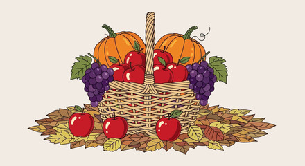 A rustic wicker basket overflowing with autumn harvest produce including pumpkins, red apples, and purple grapes, surrounded by colorful fall leaves.