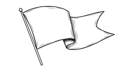 Hand-drawn sketch illustration of a blank white flag waving on a flagpole, simple line art style.