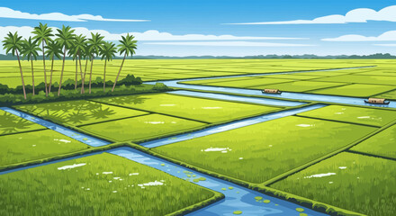 A vibrant illustration of lush green rice paddies with canals, palm trees, and boats under a clear blue sky.
