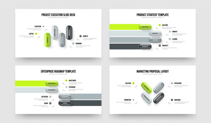 Visual Campaign 4 Option Diagram Presentation Design Set. Marketing Report Four Step Infographic Slideshow Layout Vector Illustration Bundle.