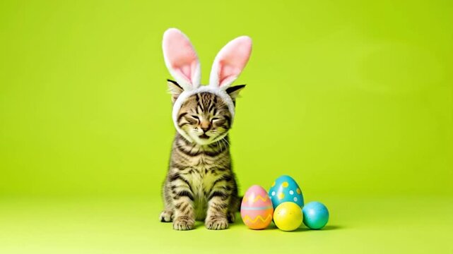 A tabby cat wearing bunny ears sits beside colorful Easter eggs on a green screen background.