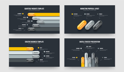 Investor Report Five Three Four Step Infographic Presentation Layout Vector Illustration Set. Business Proposal 5 3 4 Element Diagram Slideshow Design Bundle.