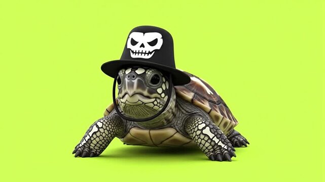 A turtle wearing a black hat with a white skull on a green screen background.