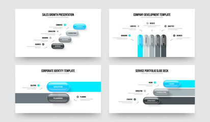 Market Insight 4 5 2 3 Step Diagram Presentation Template Set. Sales Review Four Five Two Three Element Infographic Slideshow Layout Vector Illustration Collection.