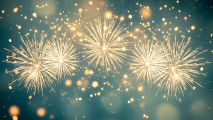 Vibrant golden fireworks bursts with glowing bokeh light particles set against a deep teal festive celebration background scene
