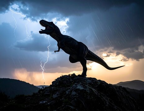 A T-Rex silhouette roars against a dramatic, stormy sky at sunset - Powered by Adobe