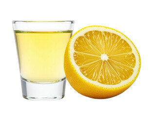 Shot of golden liquid beside a halved, vibrant yellow citrus fruit