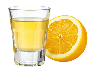 Shot glass of amber liquid with a fresh citrus half