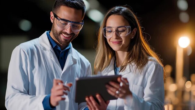 In a modern lab filled with equipment, a man and woman in lab coats use a tablet to discuss their experiments. Their teamwork shows the excitement of scientific exploration and innovation