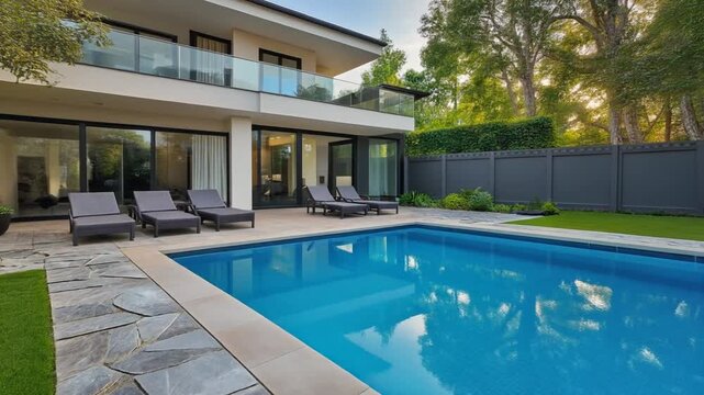 Modern house with a sparkling blue swimming pool, comfortable sun loungers, and a beautifully landscaped backyard, perfect for luxurious outdoor living and serene relaxation