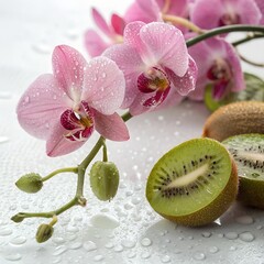 Orchid flowers and kiwi fruits with raindrops, macro clarity, clean beautiful background