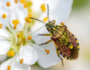 Close-up of a vibrant insect on a delicate white flower