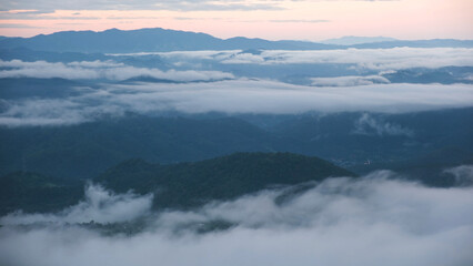 Landscape of greenery mountains and the sea of fog before sunrise