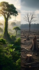 Road cutting through deforested land, environmental destruction and human impact