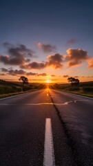 Radiant Sunset over Endless Country Road, Illuminating the Path to the Horizon Amidst Serene Nature and Dramatic Sky