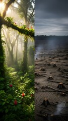 Road cutting through deforested land, environmental destruction and human impact