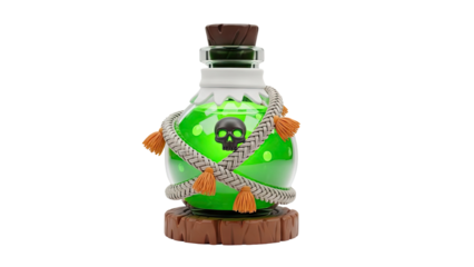 3D Poison Potion Bottle with Skull Emblem and Rope on transparent background