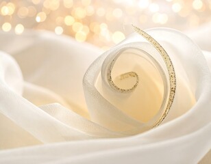 Close-up of delicate ribbon curled into a spiral, draped fabric