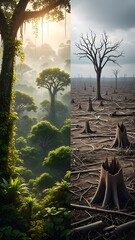 Road cutting through deforested land, environmental destruction and human impact