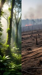 Road cutting through deforested land, environmental destruction and human impact
