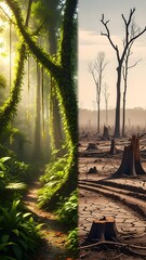 Road cutting through deforested land, environmental destruction and human impact