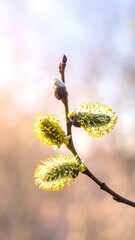 Close-up of delicate willow catkins bathed in soft sunlight