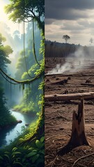 Green forest river contrasting deforested land, environmental conservation concept