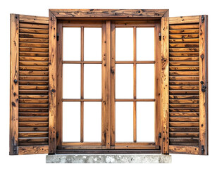 Wooden window with open shutters, detailed frame, and empty panes