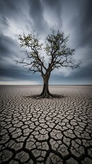 Lonely tree under stormy sky on dry land, climate crisis concept