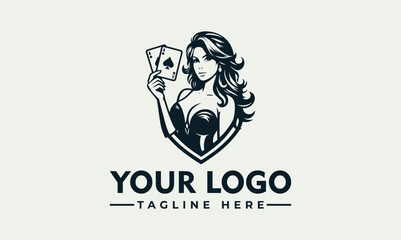 Vector logo featuring a woman holding poker cards in a shield with space for custom logo and tagline on a plain background.