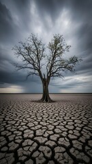 Lonely tree under stormy sky on dry land, climate crisis concept