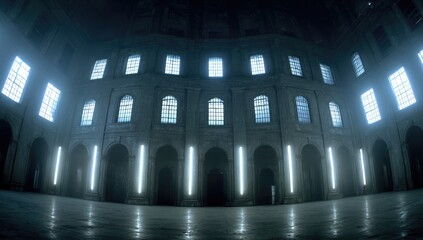 Ancient building, lit by ethereal blue light