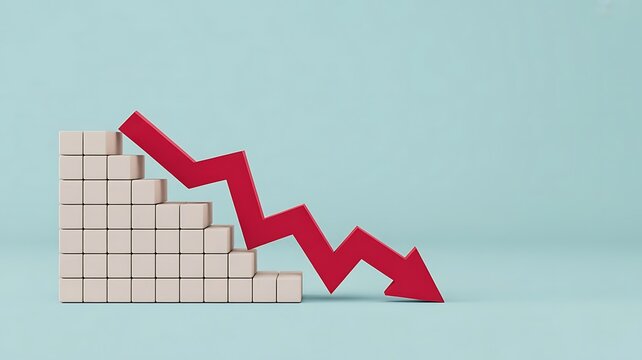 Red downward trending arrow on a staircase of blocks
