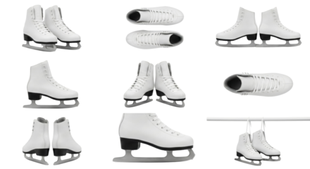 Collection of sleek white ice skates displayed on isolated transparent background perfect for