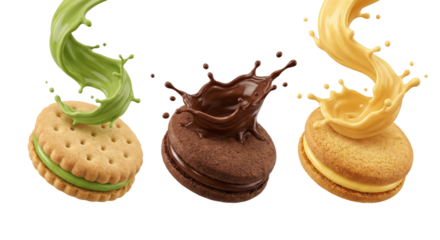 Colorful cream filling splashes over cookies with isolated transparent background