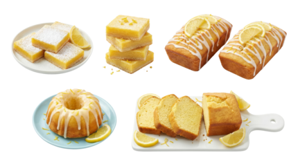 Delicious Assorted Lemon-Flavored Baked Goods and Pastries on Different Plates and Boards Image