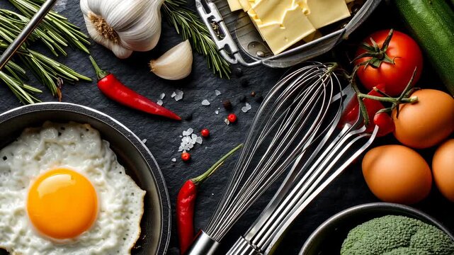 Discover the joy of cooking as fresh vegetables, aromatic herbs, and essential kitchen utensils come together in a colorful display. Creativity shines in every detail