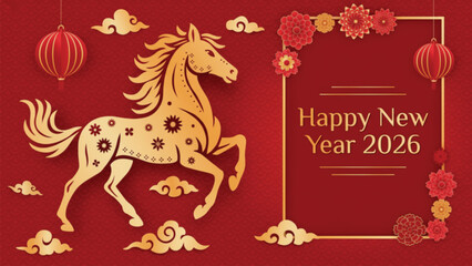 Chinese zodiac year of the horse 2026 greeting card design with red background and lanterns.