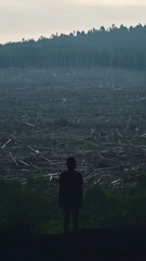 Person standing in vast deforested land, environmental loss and climate crisis