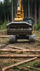 Heavy Yellow Forestry Harvester Machine Actively Logging Trees in a Dense Forest with Felled Timber and Wood Chips