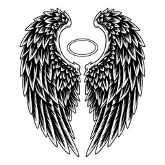 Angel Wings Illustration &ndash; Black and White Detailed Line Art Wings with Halo Symbol Isolated on White Background