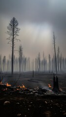 Devastated Forest Landscape After Wildfire: Charred Trees and Smoldering Ground Under a Dark, Smoky Sky