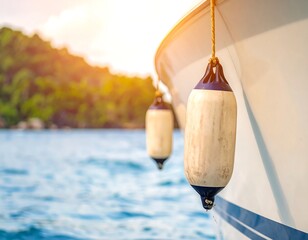 Close-up of boat with fenders, ocean, greenery, and bright sunlight