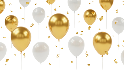 3D Golden and white balloons with confetti on transparent background