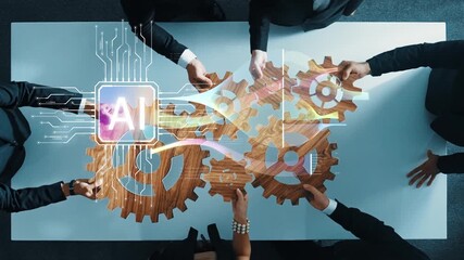 A diverse business team collaborates around a table, integrating artificial intelligence concepts through gears, symbolizing innovation and technological advancement in industry. Raster - Powered by Adobe