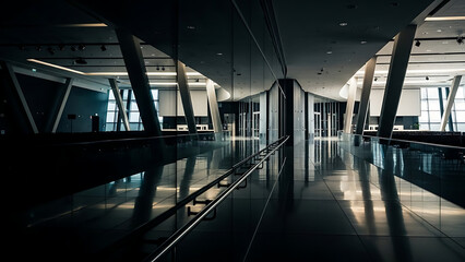 Modern Airport Terminal Interior with Escalators and Glass Architecture